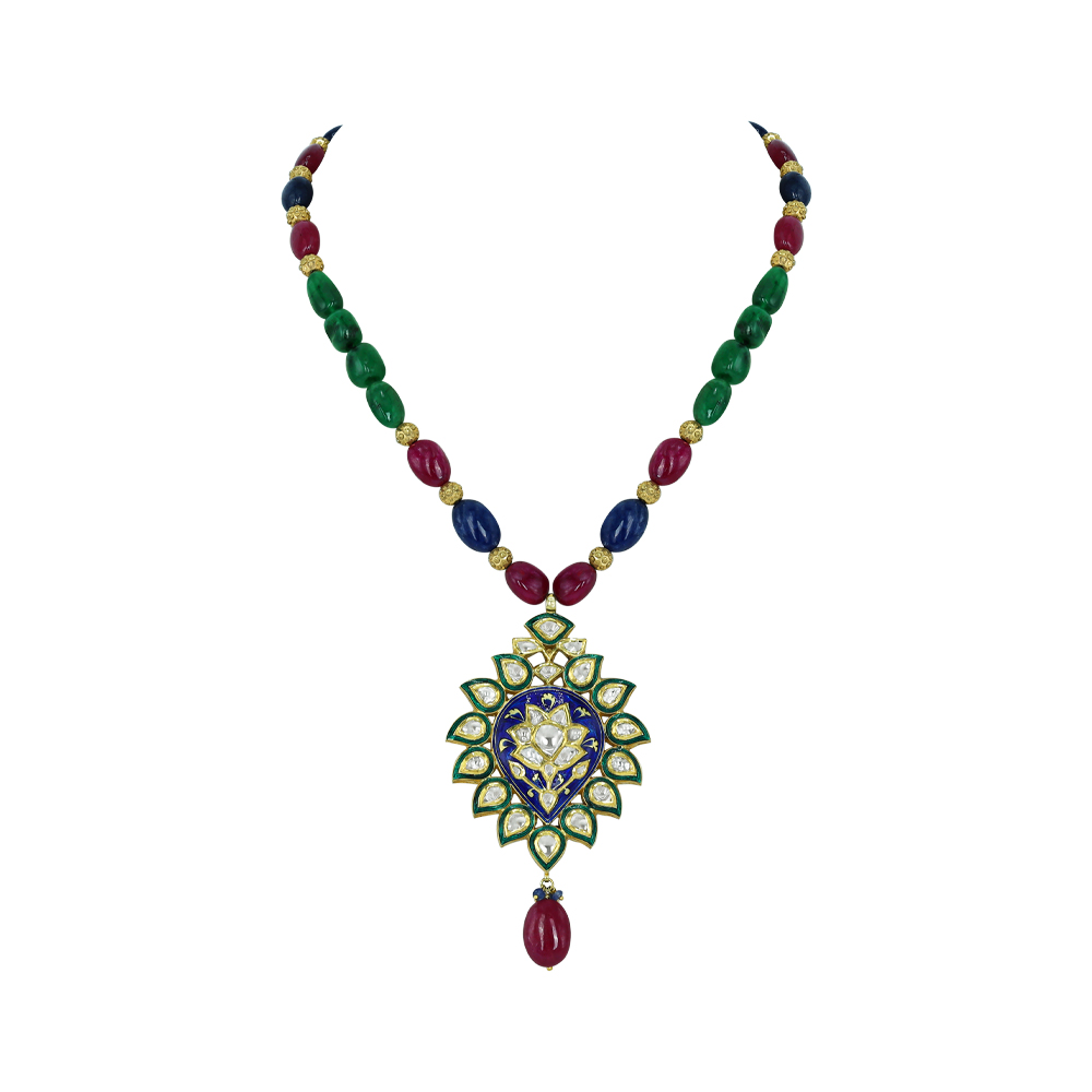 Gemstone Bead Necklace with Polki Meenakari Pendant and Ruby Drop
